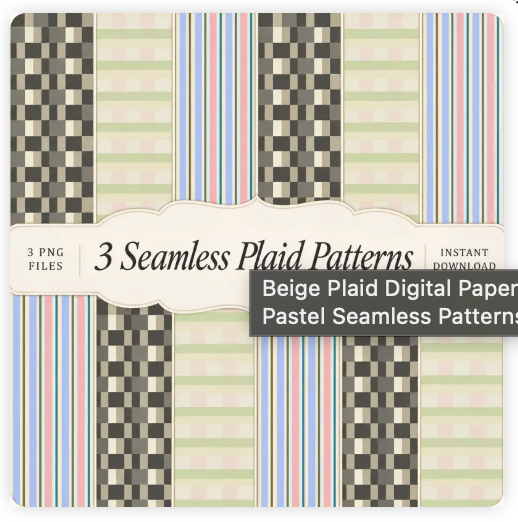Beige Plaid Digital Paper Bundle, Neutral and Pastel Seamless Patterns